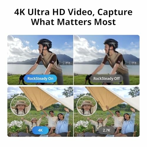 Comparison of 4K Ultra HD video with RockSteady on and off, and 4K vs 2.7K resolution.