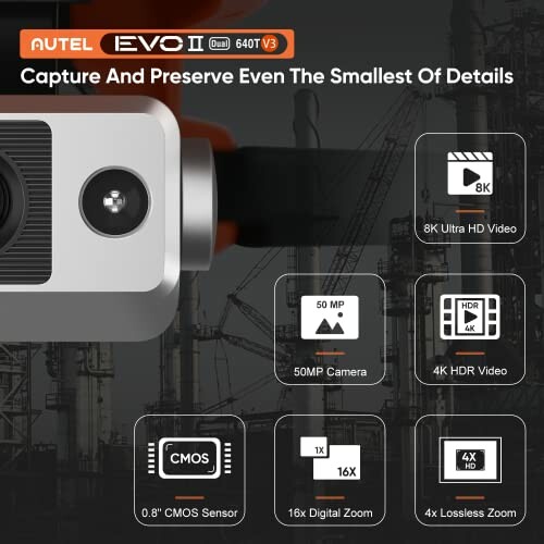 Autel EVO II drone features including 8K video, 50MP camera, and advanced zoom capabilities.