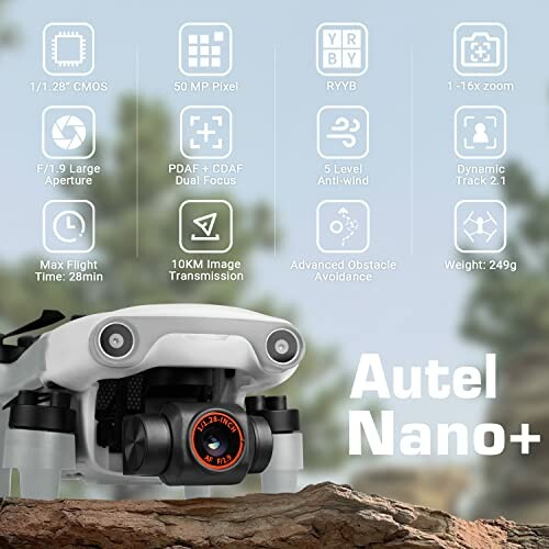 Autel Nano Plus drone with camera specifications and features displayed.