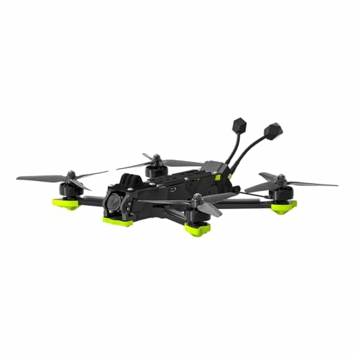 Black racing drone with green accents and multiple propellers.