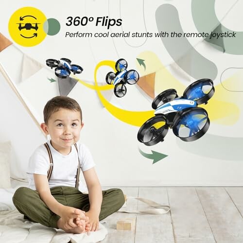 Child sitting with a toy drone performing 360-degree flips.
