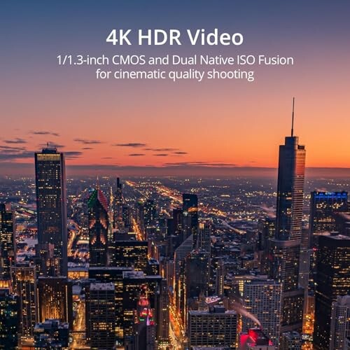 City skyline at sunset with text promoting 4K HDR video features.