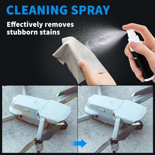 Cleaning spray used on a drone, showing before and after stain removal.