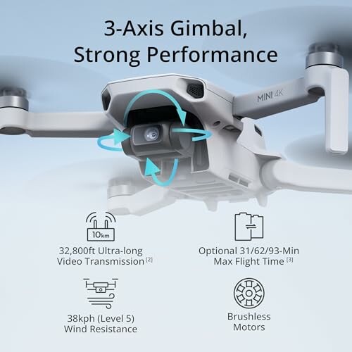 Drone with 3-axis gimbal and features like long video transmission, wind resistance, and brushless motors.