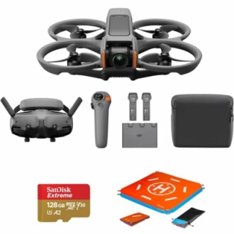 Drone with accessories including controller, batteries, SD card, and landing pad.