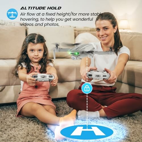 Woman and child using remote controls for drone with altitude hold feature indoors.
