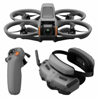 Gray drone with controller and VR headset.
