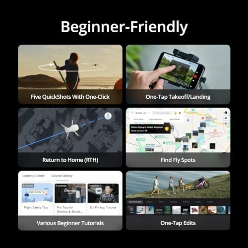 Drone app features for beginners including QuickShots, takeoff, return, fly spots, tutorials, and edits.