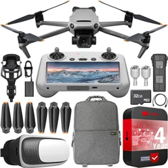 Drone bundle with controller, extra blades, carrying case, memory card, and warranty.