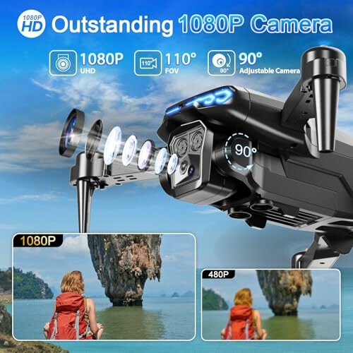 Drone showcasing 1080P camera features with specs and comparison images.