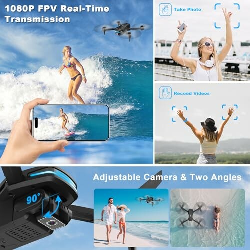 Collage showcasing drone camera features like 1080P FPV, photo and video capture, and adjustable angles.