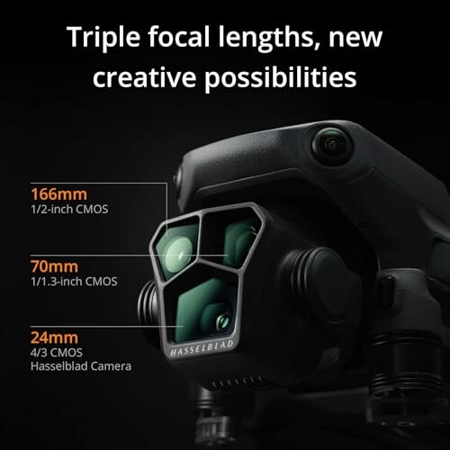 Drone camera with triple focal lengths: 166mm, 70mm, and 24mm.