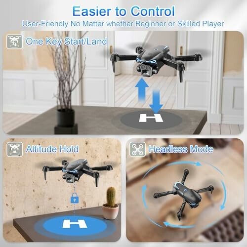 Drone showcasing features like one key start, altitude hold, and headless mode.
