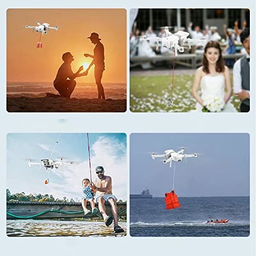 Drone delivering items in various scenarios: proposal, wedding, family outing, and ocean rescue.