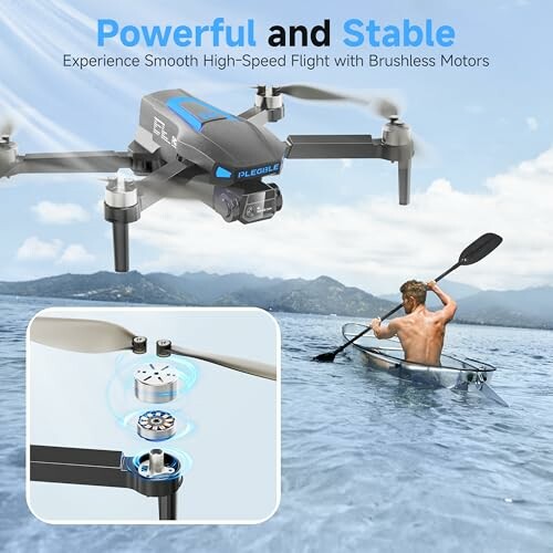 A drone flying over a person kayaking in a lake with mountains in the background.