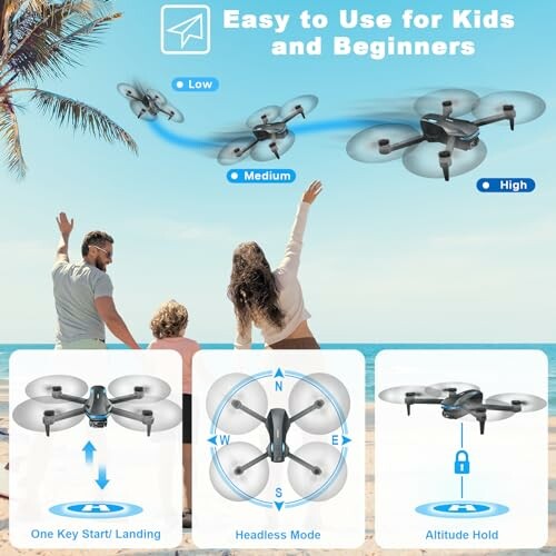 Family on beach with instructional drone graphics.