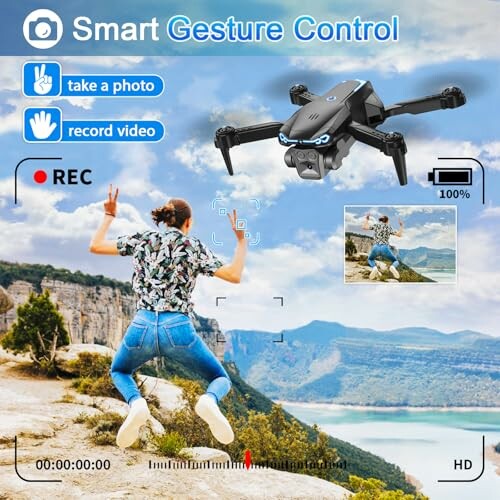 Person jumping with drone gesture control interface.
