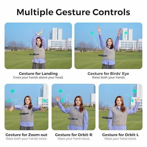 Guide showing multiple drone gesture controls with a person demonstrating each gesture in a field.