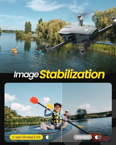 Drone flying over kayakers with image stabilization effect compared.