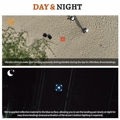 Drone landing pad with vibrant colors for day and reflective surface for night use.