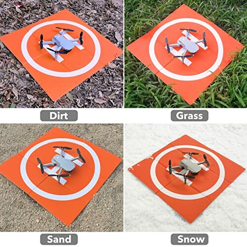 Drone on a landing pad on dirt, grass, sand, and snow.