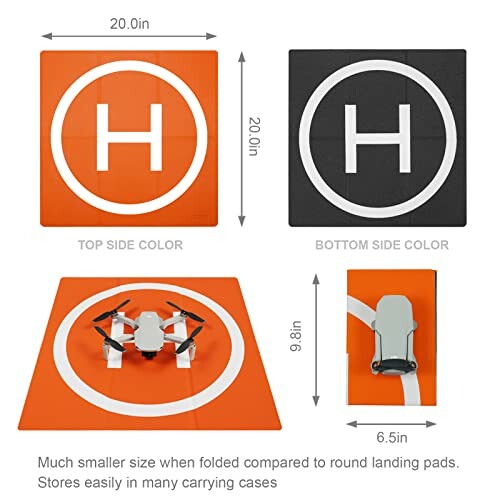 Foldable drone landing pad with top and bottom views.