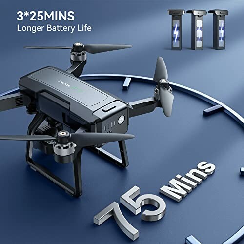 Drone with 75 minutes battery life and three batteries.