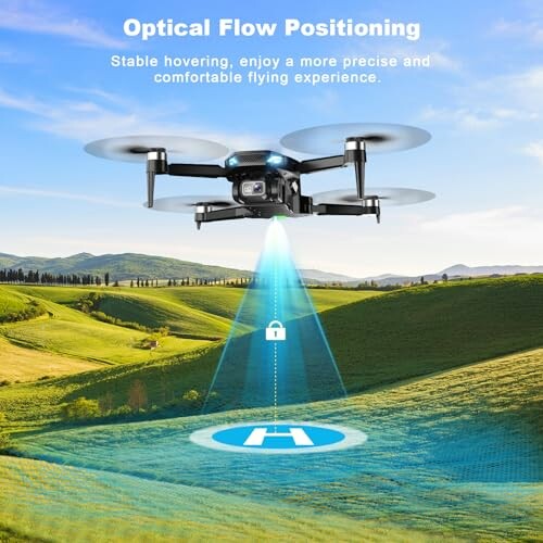 Drone using optical flow positioning over a grassy field.