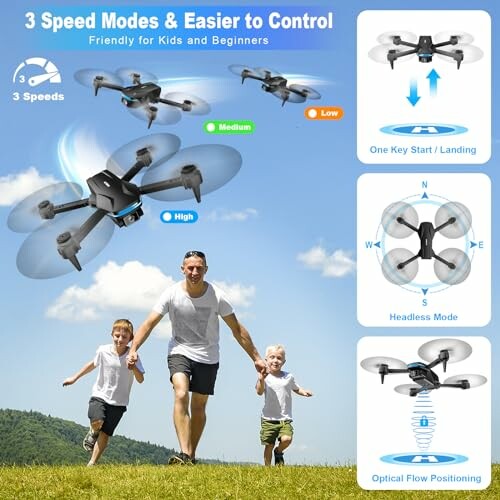 Family running with drone demonstrating speed modes and controls.