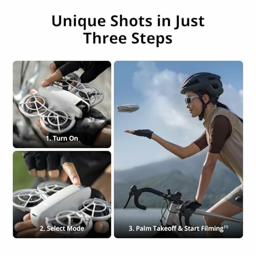 Person demonstrating drone usage steps: turn on, select mode, palm takeoff.