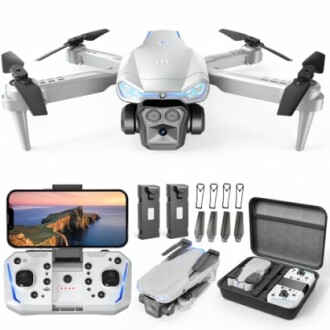 Drone with accessories including remote, phone, batteries, and case.