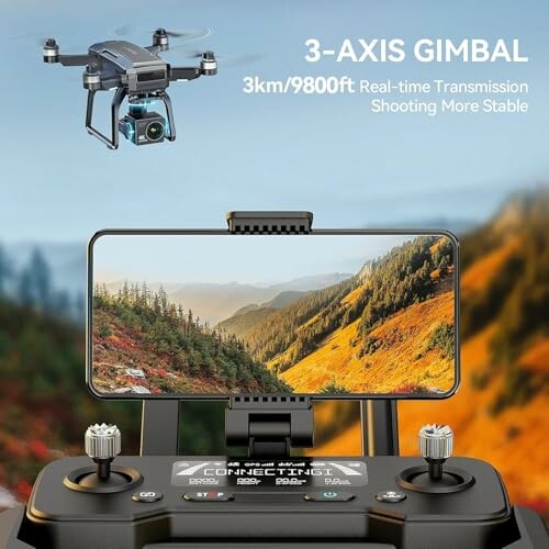 Drone with 3-axis gimbal and controller showing landscape on screen.