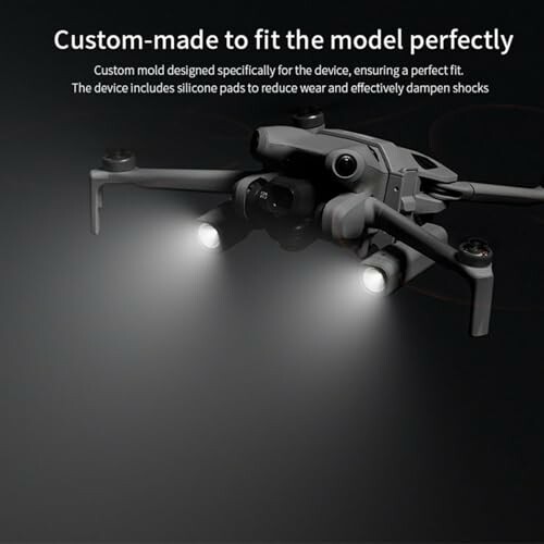 Drone with lights in dark setting.