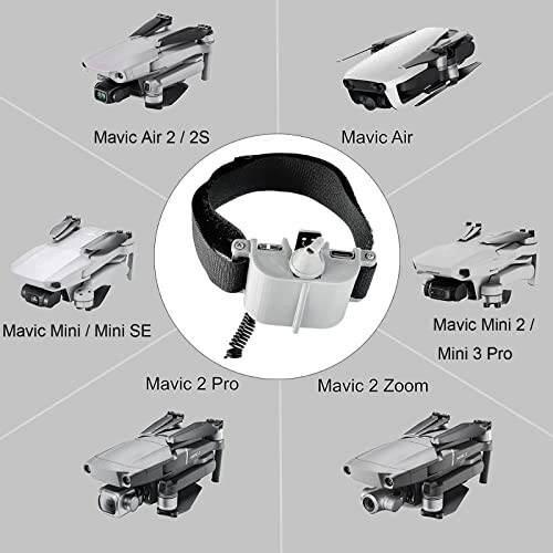 Various drone models with an accessory in the center.