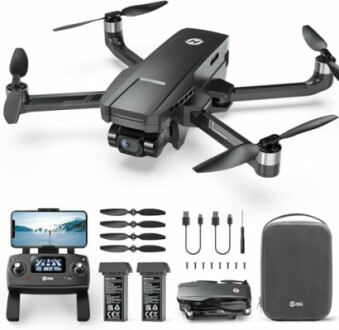 Foldable drone with accessories including controller, batteries, propellers, and carrying case.