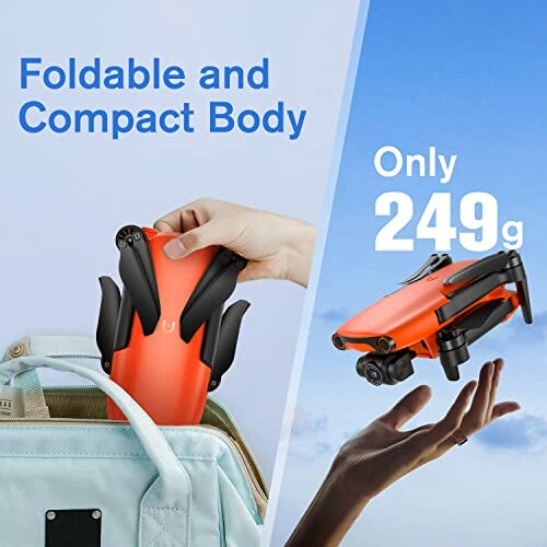 Foldable orange drone being placed in a bag and held in hand, text indicating 249g weight.