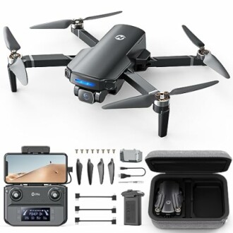 Foldable drone with controller, battery, and accessories.