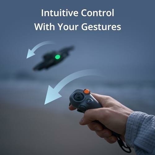 Hand holding a controller with gestures guiding a flying drone.