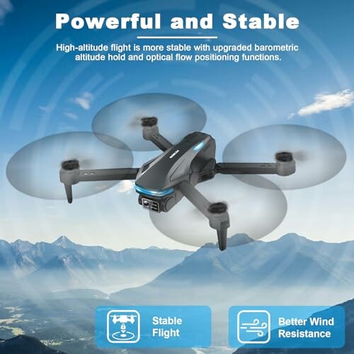 Drone in flight with stability and wind resistance features.