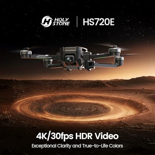 Holy Stone HS720E Drone hovering over a planetary surface with 4K HDR video capability.