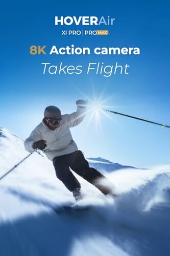 Skier using HoverAir 8K action camera on snowy slope.