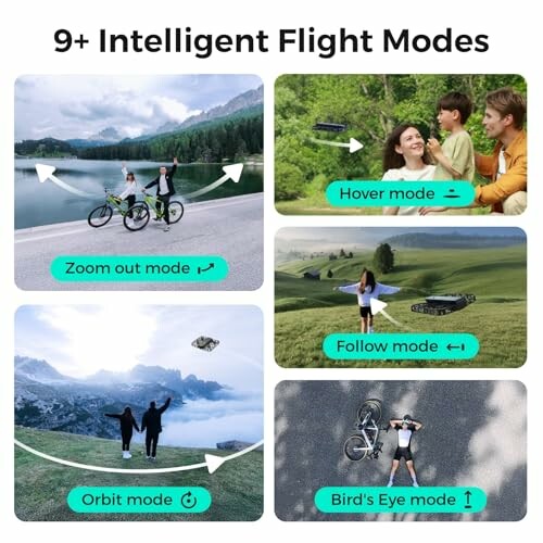 Collage showcasing drone flight modes: Zoom out, Hover, Follow, Orbit, Bird's Eye.