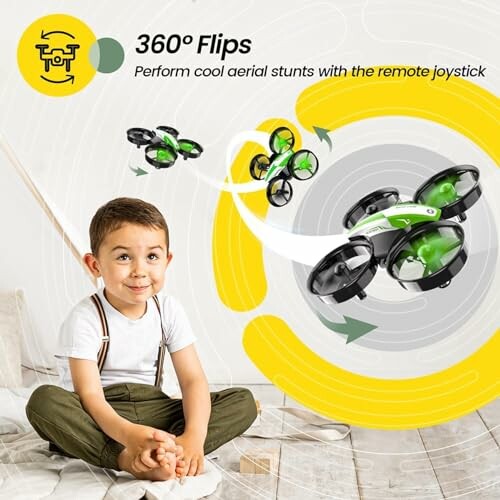 Child sitting with a drone performing 360-degree flips.