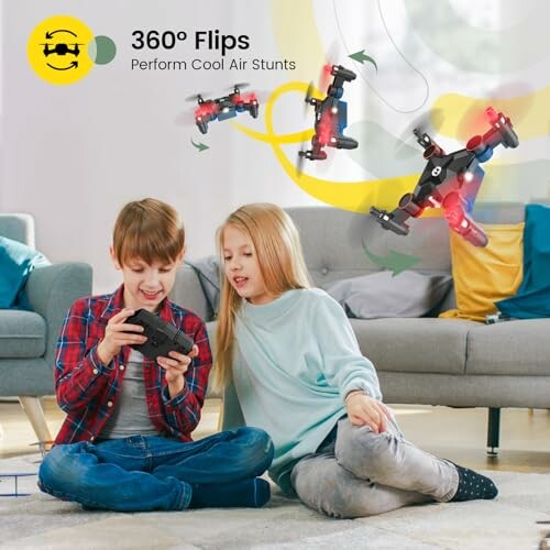Two kids playing with a remote-controlled drone indoors.