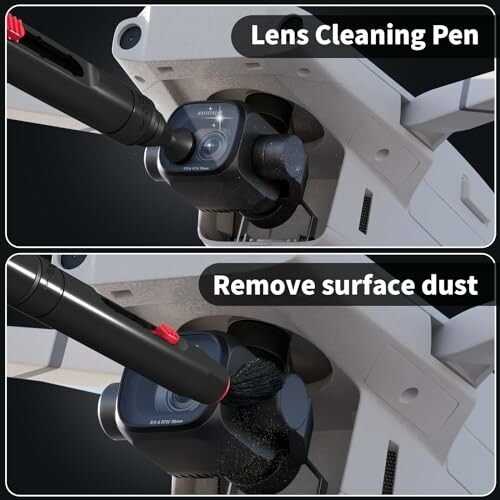 Using a lens cleaning pen to remove surface dust from a camera lens.