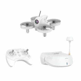 Mini drone with controller and FPV goggles.