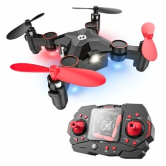Mini drone with red and black propellers and remote controller.