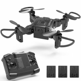 Black mini drone with controller and batteries.