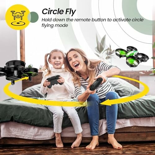 Mother and daughter playing with drones on a bed, demonstrating circle fly mode.