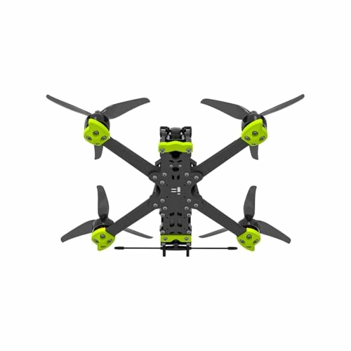 Top view of a quadcopter drone with green accents.